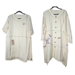 Vintage 90s Blue Fish 2 Piece L Pale Yellow Cotton Butterfly Lagnelook Art Paint